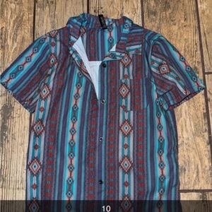 Southwestern Stripe Button-Up Shirt in Teal & Rust